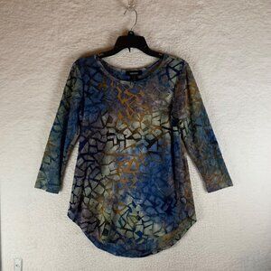 Karen Kane Women's 3/4 Sleeve Blue Tie Dye Burnout Top Casual Blouse Size S 9167